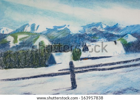 Landscape painting showing mountains covered in snow and two widen cottages covered with snow.
