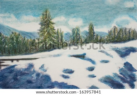 Landscape painting showing forest and mountains in winter covered with snow.
