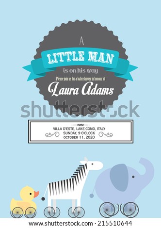 baby boy baby shower/ animal push/pull toy card template vector/illustration