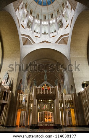 BRUSSELS - JUNE 22: Main altar and cupola from National Basilica of the Sacred Heart on June 22, 2012 in Brussels.