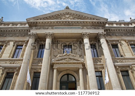 BRUSSELS - JUNE 21: East portal of The Stock Exchange building. The building was erected from 1868 to 1873 in the Neo-Renaissance style on June 21, 2012 in Brussels.