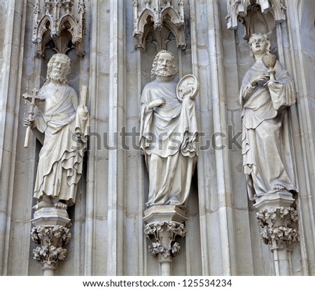 VIENNA - JANUARY 15: The apostle Jacob, Peter and John from west portal of Minoriten gothic church  on January 15, 2013 in Vienna.