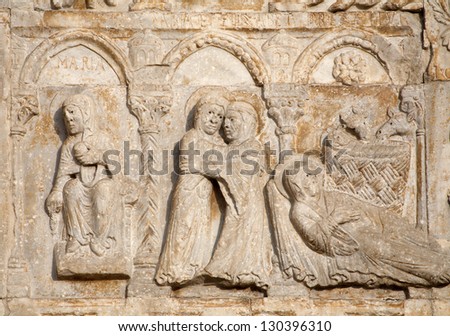 VERONA - JANUARY 27: Relief of Nativity from facade of romanesque Basilica San Zeno. Reliefs is work of the sculptor Nicholaus and his workshop on January 27, 2013 in Verona, Italy.