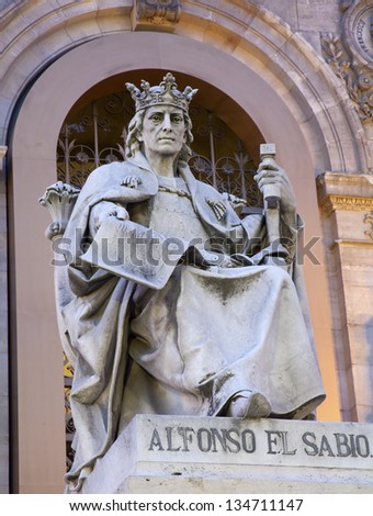 MADRID - MARCH 11: Alfonso el Sabio statue from Portal of National Archaeological Museum of Spain projected by architect Francisco Jareno and built from 1866 to 1892 on March 11, 2013 in Madrid.