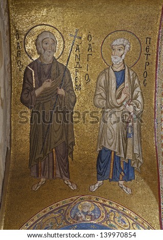 PALERMO - APRIL 8: Mosaic of apostle Peter and Andrew from in Church of Santa Maria dell\' Ammiraglio or La Martorana from 12. cent. on April 8, 2013 in Palermo, Italy.