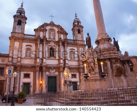 Palermo - San Domenico - Saint Dominic church and baroque column at night