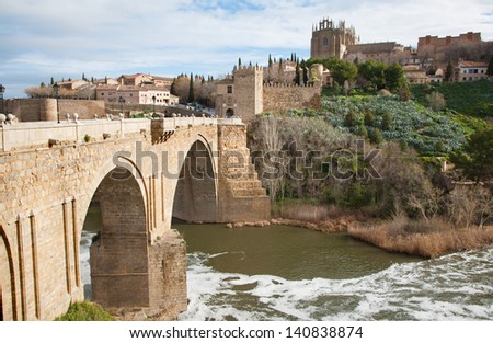 Toledo - Look to San Martin s bride or Puente de san Martin to Monastery of saint John of the King in morning light