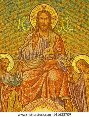 MADRID - MARCH 9: Mosaic of Jesus Christ and apostle Peter and John from main apse of  Iglesia de San Manuel y San Benito by architect Fernando Arbas from 19. cent. in March 9, 2013 in Madrid.