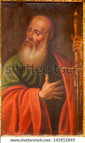 TOLEDO MARCH 8 Painting of Saint Paul the apostle from church Iglesia de san Idefonso on March 8 2013 in Toledo Spain TOLEDO MARCH 8 Painting of Saint Paul the apostle from church Iglesia de san Idefonso on March 8 2013 in Toledo Spain