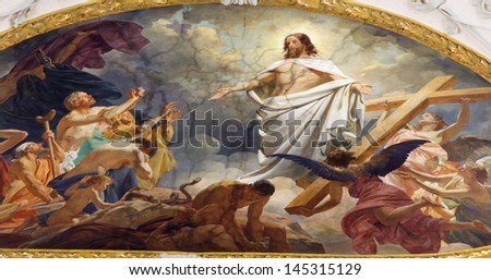 VIENNA - JULY 3: Fresco of Resurrected Jesus in heaven from ceiling of Schottenkirche church  on July 3, 2013 in Vienna.