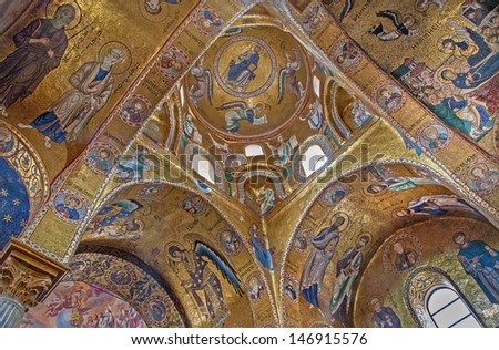 PALERMO - APRIL 8: Byzantine mosaic from Church of Santa Maria dell\' Ammiraglio or La Martorana from 12. cent. on April 8, 2013 in Palermo, Italy.