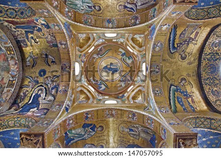 PALERMO - APRIL 8: Byzantine mosaic from Church of Santa Maria dell\' Ammiraglio or La Martorana from 12. cent. on April 8, 2013 in Palermo, Italy.