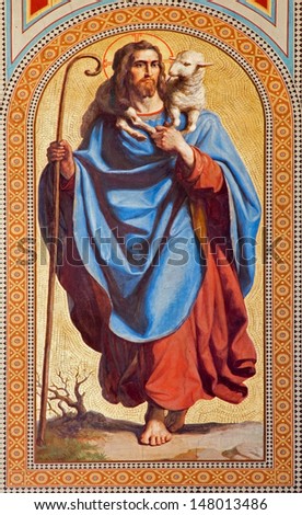 VIENNA - JULY 27:  Fresco of  Jesus Christ as Good shepherd by Karl von Blaas from 19. cent. in nave of Altlerchenfelder church on July 27, 2013 Vienna.