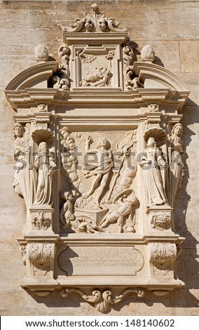 VIENNA - JULY 27:  Tomb stone with the resurrection of Jesus relief from west facade of monastery church in Klosterneuburg on July 27, 2013 Vienna.