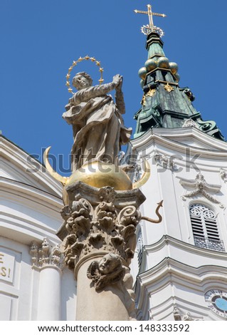 VIENNA - JULY 27: Detail of Virgin Mary from baroque column by church Maria Treu. Church was build between years 1698 bis 1719 by plans of architect Lukas von Hildebrandt on July 27, 2013 Vienna.