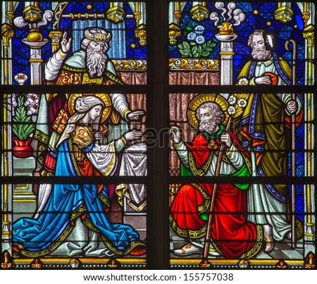 MECHELEN BELGIUM SEPTEMBER 6 Wedding of Virgin Mary and st Joseph scene from windowpane of St Rumbold's cathedral on Sepetember 6 2013 in Mechelen Belgium MECHELEN BELGIUM SEPTEMBER 6 Wedding of Virgin Mary and st Joseph scene from windowpane of St Rumbold's cathedral on Sepetember 6 2013 in Mechelen Belgium
