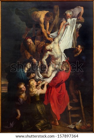 ANTWERP BELGIUM SEPTEMBER 4 Raising of the cross 460x340 cm from years 1609 1610 by baroque painter Peter Paul Rubens in the cathedral of Our Lady on September 4 2013 in Antwerp Belgium ANTWERP BELGIUM SEPTEMBER 4 Raising of the cross 460x340 cm from years 1609 1610 by baroque painter Peter Paul Rubens in the cathedral of Our Lady on September 4 2013 in Antwerp Belgium