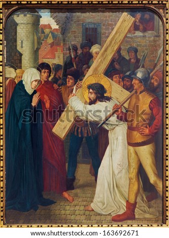 MECHELEN - SEPTEMBER 4: Jesus meets his mother. Part the Cross way cycle from 19. cent. in Onze-Lieve-Vrouw-va n-Hanswijkbasiliek church on September 4, 2013 in Mechelen, Belgium.