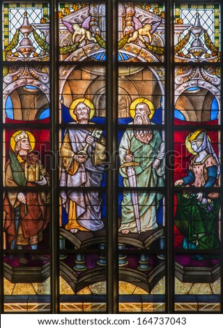 ANTWERP, BELGIUM - SEPTEMBER 5: Windowpane of apostle Peter and Paul from cathedral of Our Lady on September 5, 2013 in Antwerp, Belgium
