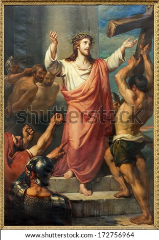 Leuven, Belgium - September 3, 2013: Jesus Carries His Cross. Paint Form St. Michaels Church (Michelskerk) From 19. Cent.