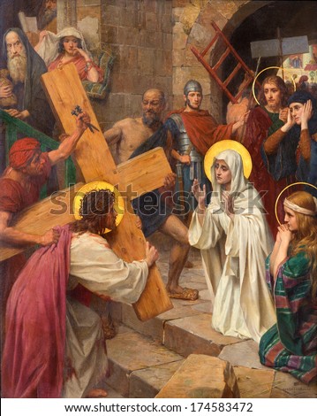 ANTWERP, BELGIUM - SEPTEMBER 5, 2013: Jesus and Mary in cross way as part of  cycle by Josef Janssens from years 1903 - 1910 in the cathedral of Our Lady.