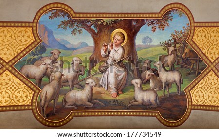 Vienna, Austria - February 17, 2014: Fresco Of Little Jesus As Good Shepherd By Josef Kastner 1906 - 1911 In Carmelites Church In Dobling.