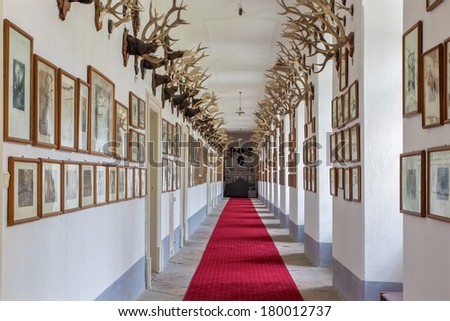 SAINT ANTON, SLOVAKIA - FEBRUARY 26, 2014: Corridor with the lot of trophy in palace Saint Anton.