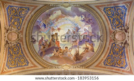BOLOGNA, ITALY - MARCH 17, 2014: Ceiling restored fresco in baroque church Saint Mary Magdalene or Santa Maria Maddalena with the motive of assumption of the saint.