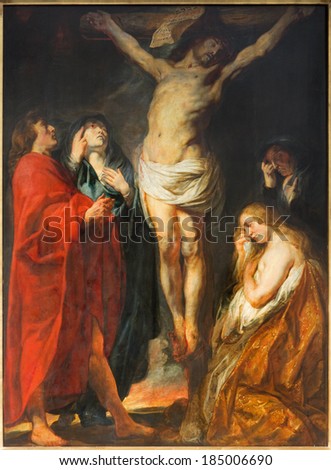 ANTWERP, BELGIUM - SEPTEMBER 5, 2013: The Crucifixion paint by great baroque master Jacob Jordaens in St. Pauls church (Paulskerk).
