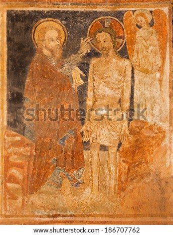 STITNIK, SLOVKIA - DECEMBER 29, 2013: Medieval fresco of Baptism of Christ in gothic evangelical church in Stitnik.