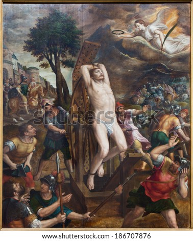 MECHELEN, BELGIUM - SEPTEMBER 6, 2013: The Martyrdom of saint George. Main panel of triptych by Michiel van Coxie (1588) in St. Rumbold\'s cathedral.