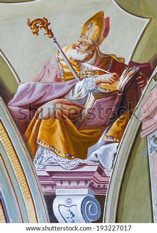 SAINT ANTON, SLOVAKIA - FEBRUARY 26, 2014: Fresco of saint Ambrosius big teacher of west church from ceiling of chapel in Saint Anton palace by Anton Schmidt from years 1750 - 1752.