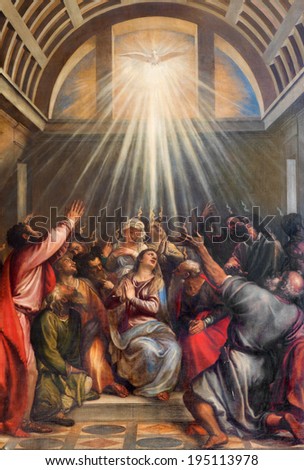 VENICE, ITALY - MARCH 13, 2014: The Descent of the Holy Ghost by Titian (1488 - 1576) in church Santa Maria della Salute.