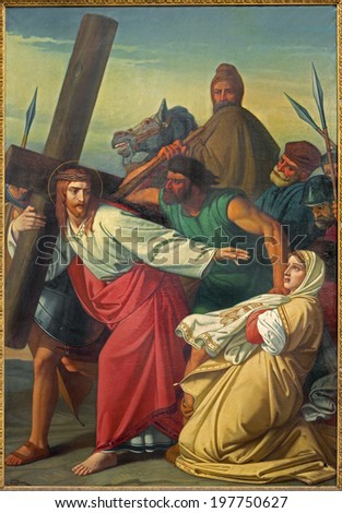 LEUVEN, BELGIUM - SEPTEMBER 3, 2013: Paint of scene Jesus and Veronica on the cross way. by G. Guffens in St. Michael church.