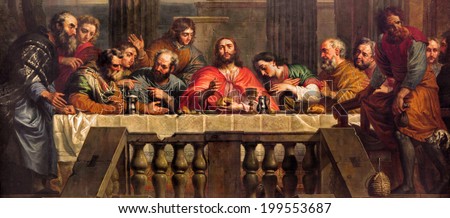 MECHELEN, BELGIUM - JUNE 14, 2014: The Last Supper painted by Jan Erasmus Quellinus (1634-1715) in church Our Lady across de Dyle.