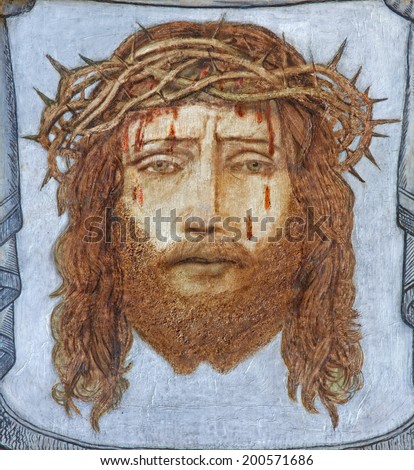 BRUGGE, BELGIUM - JUNE 13, 2014: The head of tortured Jesus Christ by unknown painter in st. Giles (Sint Gilliskerk).