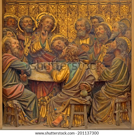 BRUGES, BELGIUM - JUNE 12, 2014: The Carved relief of the Last Supper in St. Salvator\'s Cathedral (Salvatorskerk).