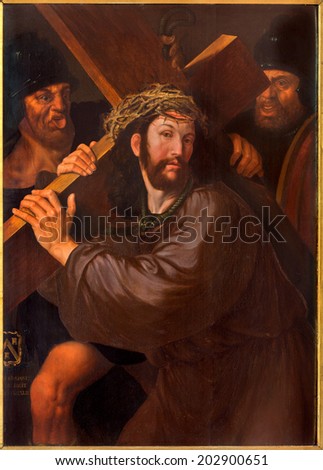BRUGES, BELGIUM - JUNE 12, 2014: Christ under the cross paint by unknown painter from first half of the 18. cent. in st. Jacobs church (Jakobskerk).
