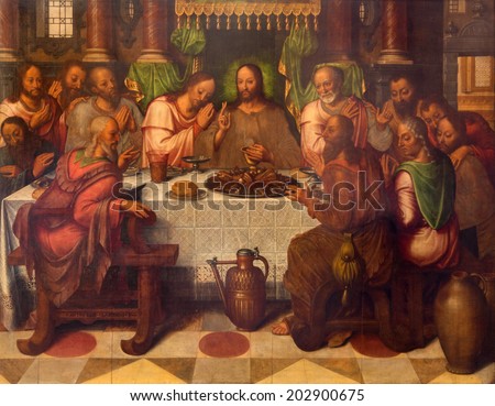 BRUGGE, BELGIUM - JUNE 13, 2014: The Last supper of Christ by Anthuensis Clakissins in st. Giles (Sint Gilliskerk).