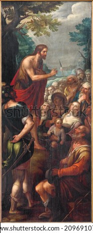 MECHELEN, BELGIUM - JUNE 14, 2014: The Sermon of st. John the Baptist as the  left panel of the Baptistm of Christ triptych in church Our Lady across de Dyle.