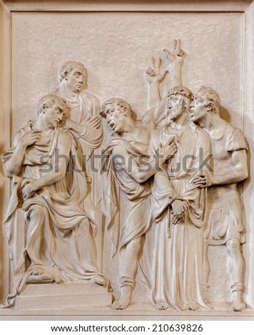 BRUSSELS, BELGIUM - JUNE 15, 2014: Stone relief Jesus for Pilate scene in church Notre Dame du Bon Secource.