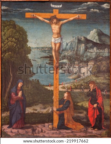 PADUA, ITALY - SEPTEMBER 10, 2014: Painting of the Crucifixion scene in the church Chiesa di San Gaetano and the chapel of the Crucifixion by unknown painter from 17th century