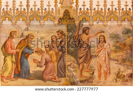 TRNAVA, SLOVAKIA - OCTOBER 14, 2014: The neo-gothic fresco of the scene Baptism of Christ and the Apostles at confirmation by Leopold Bruckner (1905 - 1906) in Saint Nicholas church.