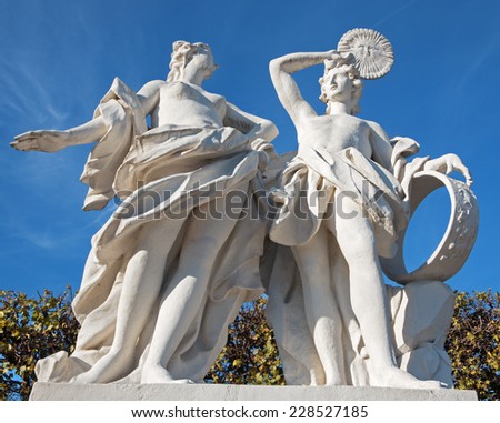 Vienna - The sculpture in the gardens of Belvedere palace with the scene from mythology.