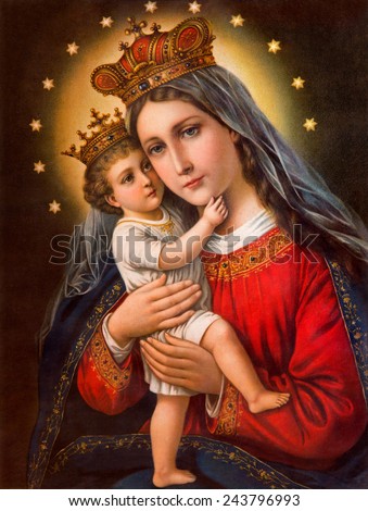 SEBECHLEBY, SLOVAKIA - JANUARY 2, 2015:  Typical catholic image of Madonna with the child (in my own home) printed in Germany from the end of 19. cent. originally by unknown painter.