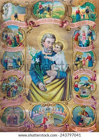 SEBECHLEBY, SLOVAKIA - JANUARY 2, 2015: Typical catholic image of st. Joseph with the scenes from the life (in my own home)  printed in Germany from the end of 19. cent. originally by unknown painter.