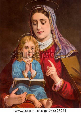 SEBECHLEBY, SLOVAKIA - JANUARY 2, 2015: Typical catholic image of st. Ann with the little Mary from Slovakia (in my own home) printed in Germany from end of 19. cent. originally by unknown artist.