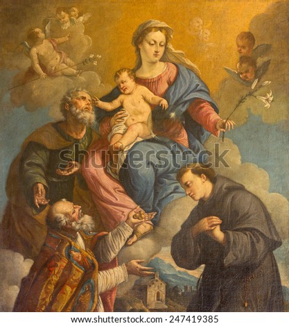 PADUA, ITALY - SEPTEMBER 10, 2014: The Holy Family and saints Nicholas and Anthony of Padua by unknown painter of 18. cent in the church of st. Nicholas.