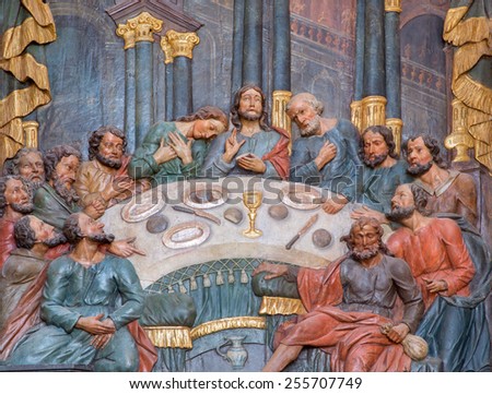 BANSKA STIAVNICA, SLOVAKIA - FEBRUARY 20, 2015: The carved polychrome relief of Last supper in lower calvary church from 18. cent. by unknown artist.