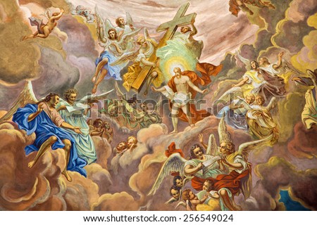 BANSKA STIAVNICA, SLOVAKIA - FEBRUARY 5, 2015: The fresco of Christ in the glory of heaven scene on the cupola of parish church from 18. cent. by unknown artist.